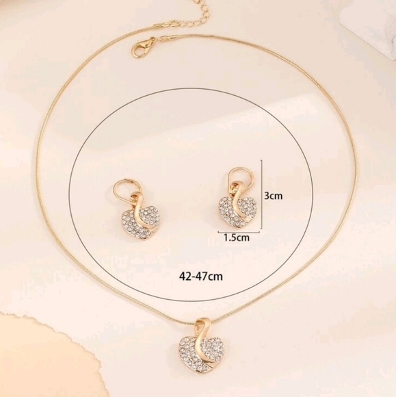 3pcs Rhinestone Heart-Shaped Gold Jewelry Set with Crystal Accents - Picture 3 of 4